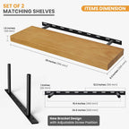 Floating Shelves for Wall, 36" x 9.3" Solid Pine Wood Wall Shelf, Wall Mounted Display Shelf with Invisible Heavy-Duty Metal Bracket, Home Decor for Bedroom, Kitchen, Living Room, Oak, 2 Pack