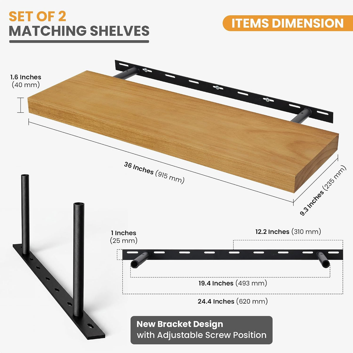 Floating Shelves for Wall, 36" x 9.3" Solid Pine Wood Wall Shelf, Wall Mounted Display Shelf with Invisible Heavy-Duty Metal Bracket, Home Decor for Bedroom, Kitchen, Living Room, Oak, 2 Pack