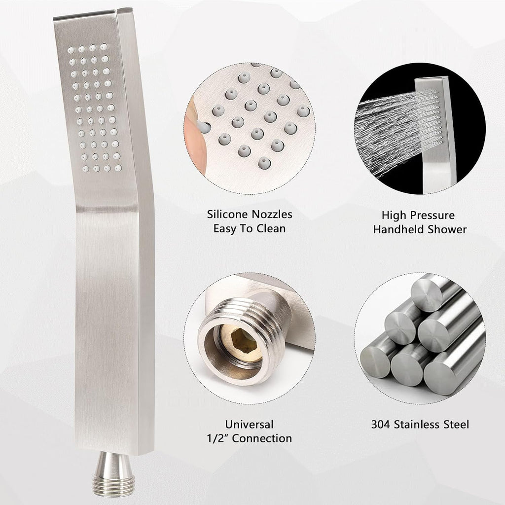 NearMoon Hand Held Shower Head, Luxury High Pressure Shower Kit with Wall Connector and Hose Set, for Bathroom Showering System Contemporary Square Style (Brushed Nickel)