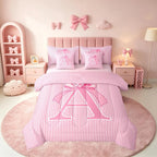 Feelyou Pink Bow Comforter Set with Sheets 7 Piece Full Size Dreamy Princess Bow Bedding Set for Kids Boys Girls Personalized Letter A Bed in a Bag Room Decor Soft Microfiber