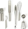 Calphalon Edge 6-Piece Stainless Steel Kitchen Tool & Gadget Set, Kitchen Utensil Set with Silicone Accent, Can opener, Straight peeler, Grater, Tongs, Balloon whisk and Scoop (Taupe)