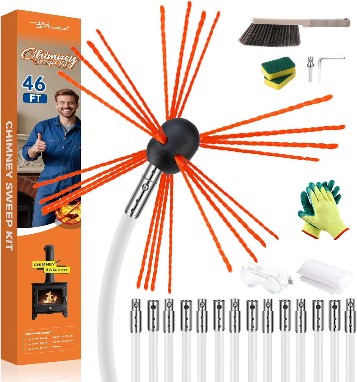 Bluesea 30FT Ergonomic Chimney Sweep Kit, Strong Brush & 9 Flexible Rods