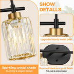 Modern Crystal Bathroom Vanity Light Fixtures, 2-Light Black and Gold Bathroom Wall Sconce Lighting for Over Mirror, Clear K9 Crystal Shades, E26 Base, Bulbs Not Included