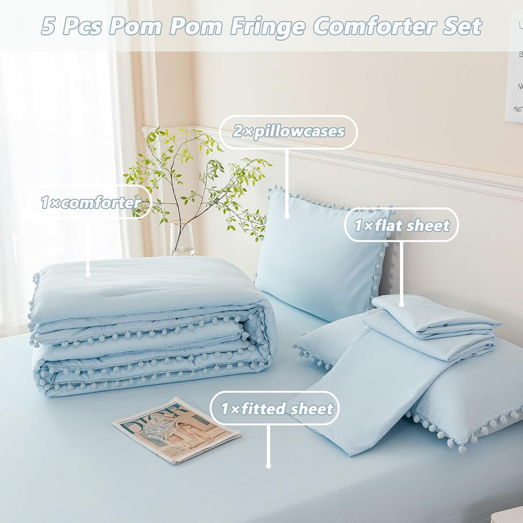 PERFEMET 5 Pieces Twin Bedding Sets Light Blue Pom Pom Comforter for Girls