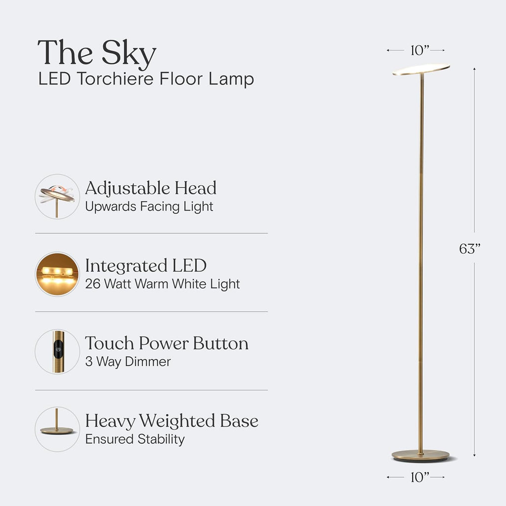 Brightech Sky LED Floor lamp, Torchiere Super Bright Floor Lamp for Living Room Decor & Office - Dimmable, Tall Standing Torch Lamp with Warm Light for Bedroom & Reading - Gold Brass