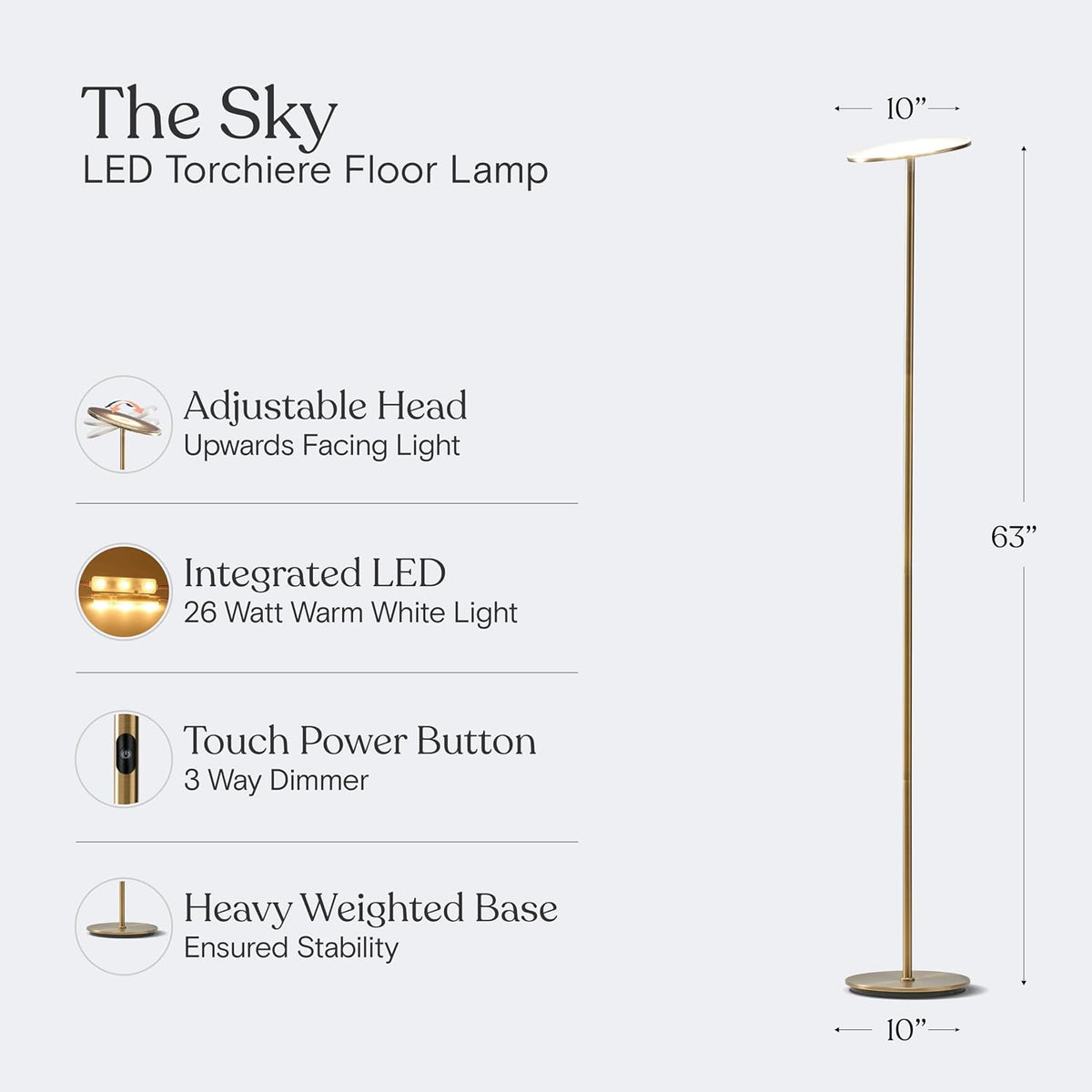 Brightech Sky LED Floor lamp, Torchiere Super Bright Floor Lamp for Living Room Decor & Office - Dimmable, Tall Standing Torch Lamp with Warm Light for Bedroom & Reading - Gold Brass