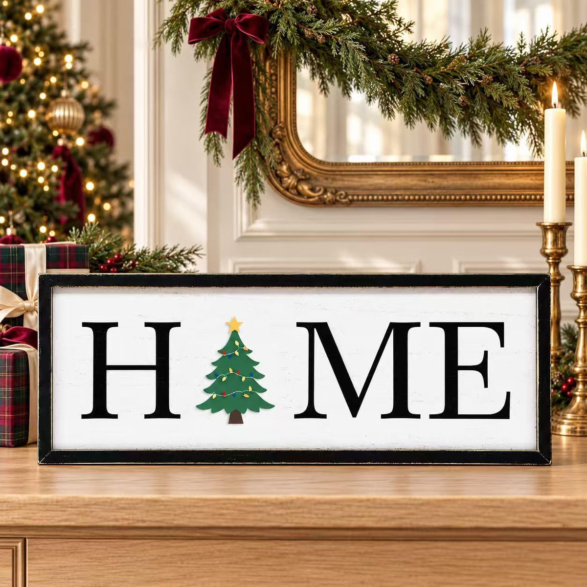 Christmas Tabletop Decor, Interchangeable HOME Sign Farmhouse Holiday Decor