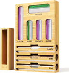 9 IN 1 Bamboo Foil and Plastic Wrap Organizer for Kitchen Drawer, Plastic Bag Organizer Organization and Storage, Food Storage Bag Organizer with Labels for Quart Gallon Snack Sandwich Bag