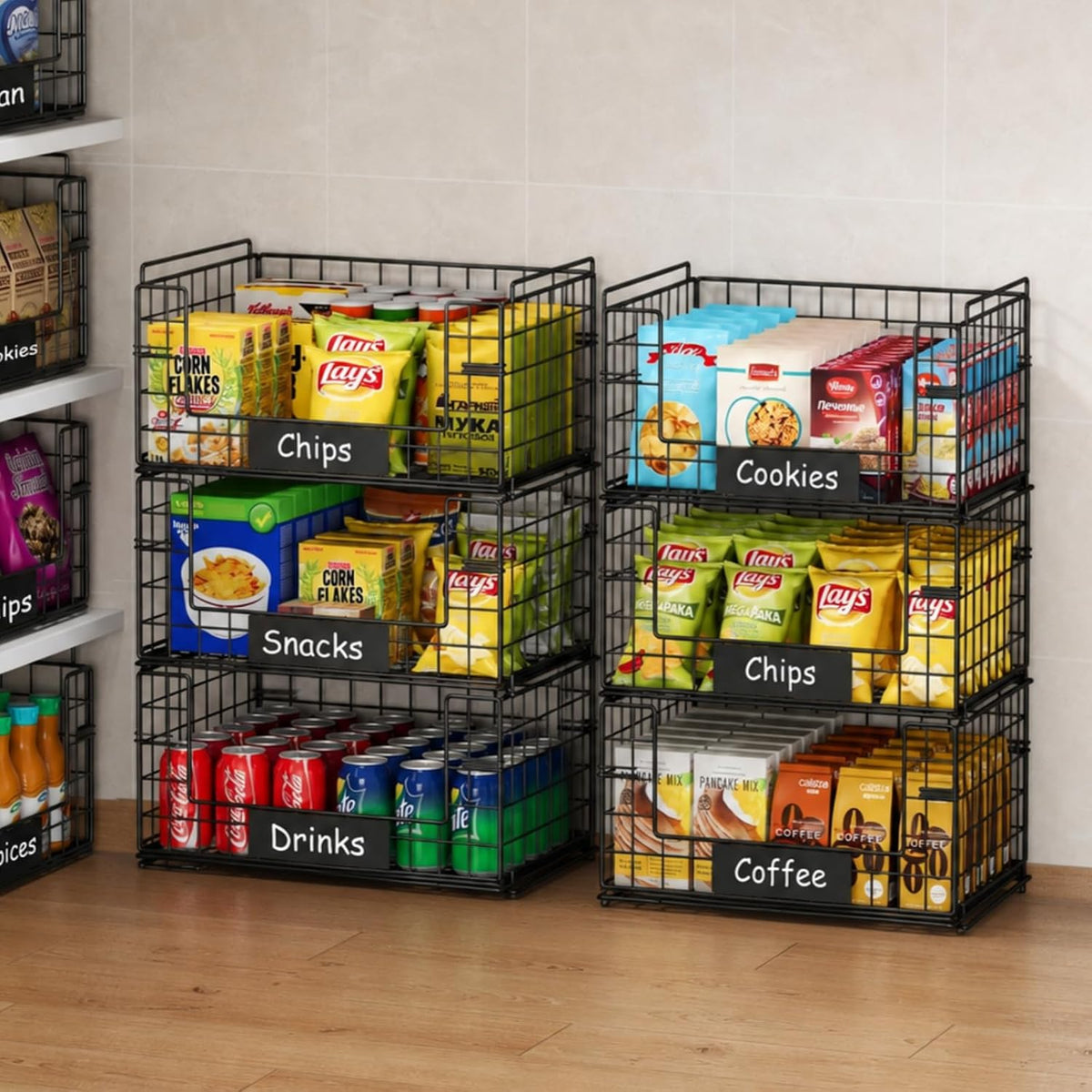 3 Pack XXL Stackable Wire Baskets with Handles & Name Plates