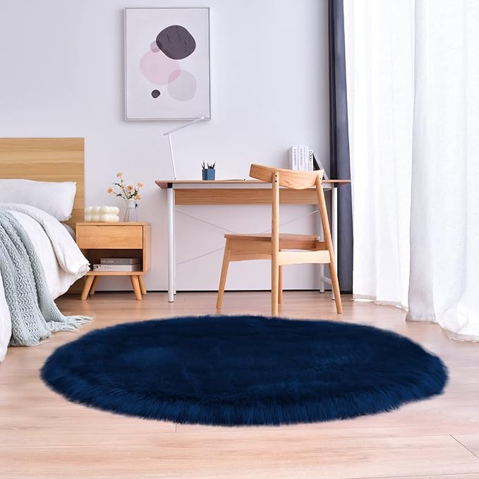 duduta Navy Blue Faux Sheepskin Round Rug 4x4 ft, Fluffy Shag Fur Bedroom - Image 7