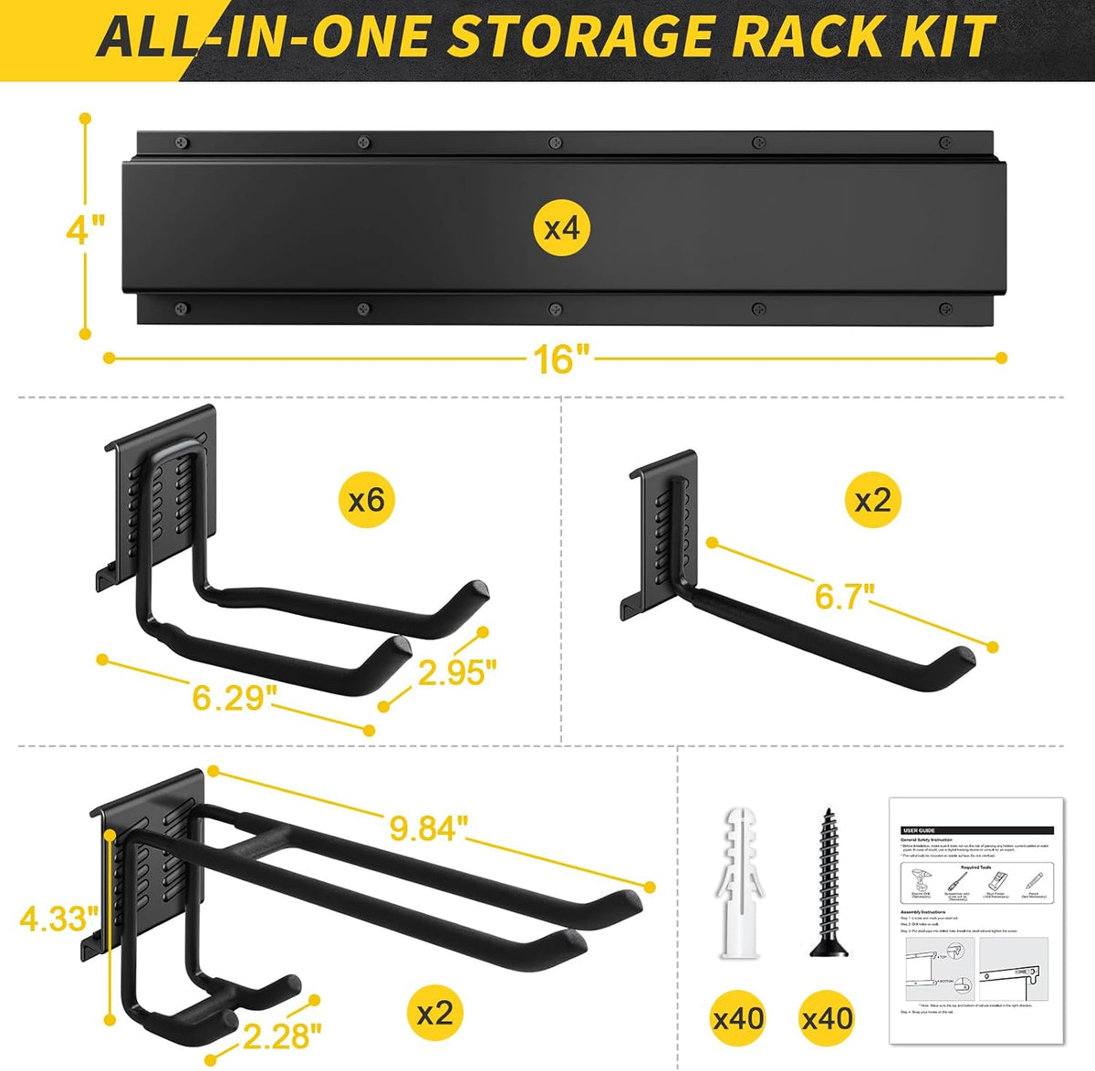 64 Inches Garage Storage, UUP Garage Organization Wall Mount Garden Tool Organizer, 620lbs Adjustable Metal Hooks, Yard Shed Rail Rack, Lawn Tool Holder for Hanging Rake Broom Mop Snowboard, Home Gift