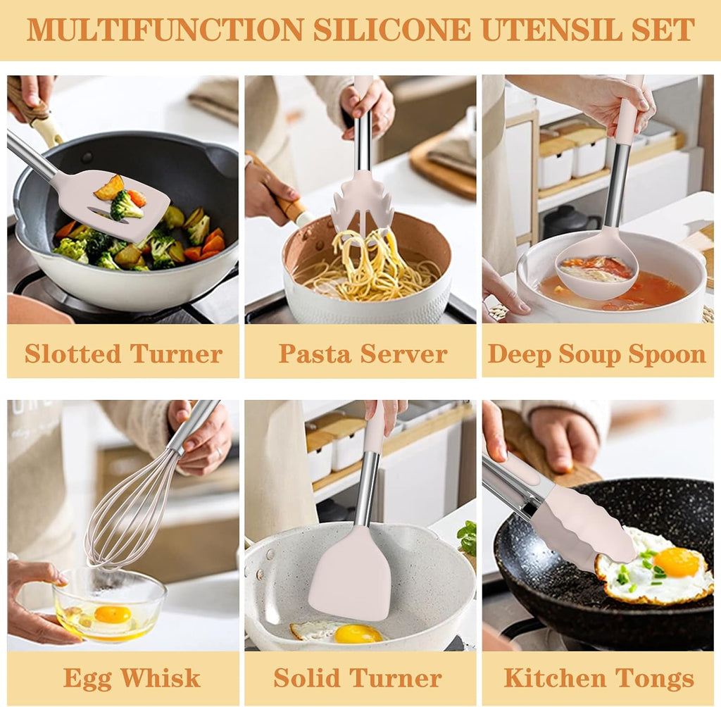 Silicone Cooking Utensil Set, Umite Chef 43 PCS Heat Resistant Kitchen Utensil Gadgets Set-Stainless Steel Handle- Kitchen Spatula Tools for Nonstick Cookware, Pots and Pans Accessories (Khaki)