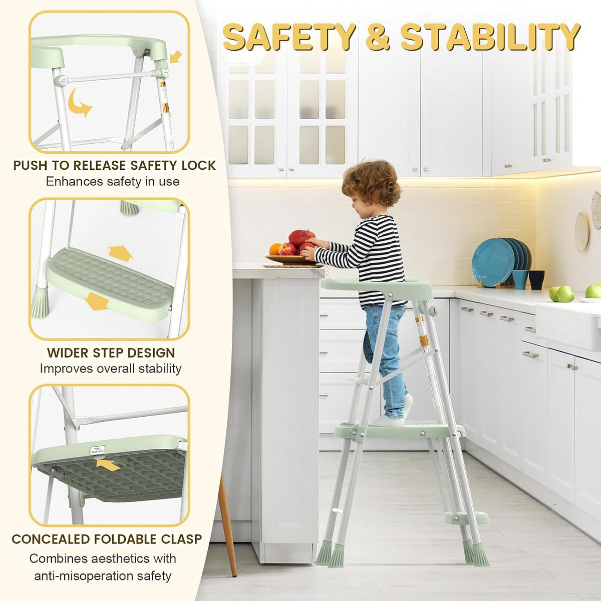 HBTower Kids 2 Steps Step Stool, Foldable Toddler Tower with Safety Railing