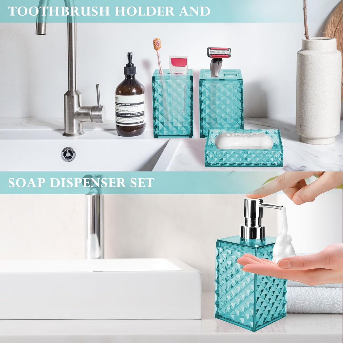 Bathroom Accessory Set, Grid Pattern 4 Pcs Plastic Bathroom Set, Teal Blue