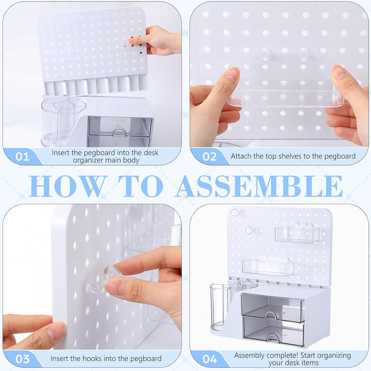 Desk Organizer with Drawers, White Rotating Pen Holder 5 Slots & Pegboard
