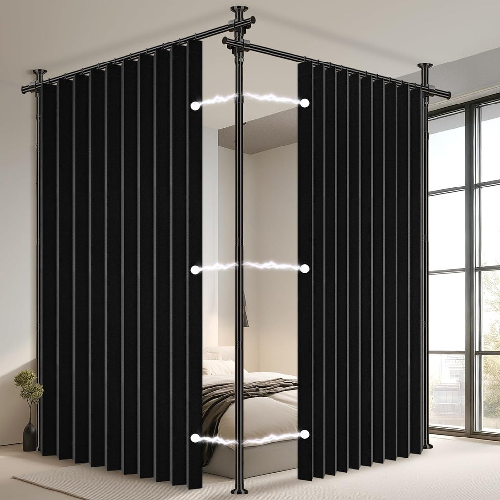 100% Blackout Room Divider Curtains Sets Black 1 Panel W100 x L84in No Drill Curtain Rods(H) 43-120×(W) 35-100 in for Bedroom Privacy Partition Separator