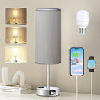 Fenmzee Grey Bedside Lamp for Bedroom, Dimmable Touch, USB A+C, AC Outlet