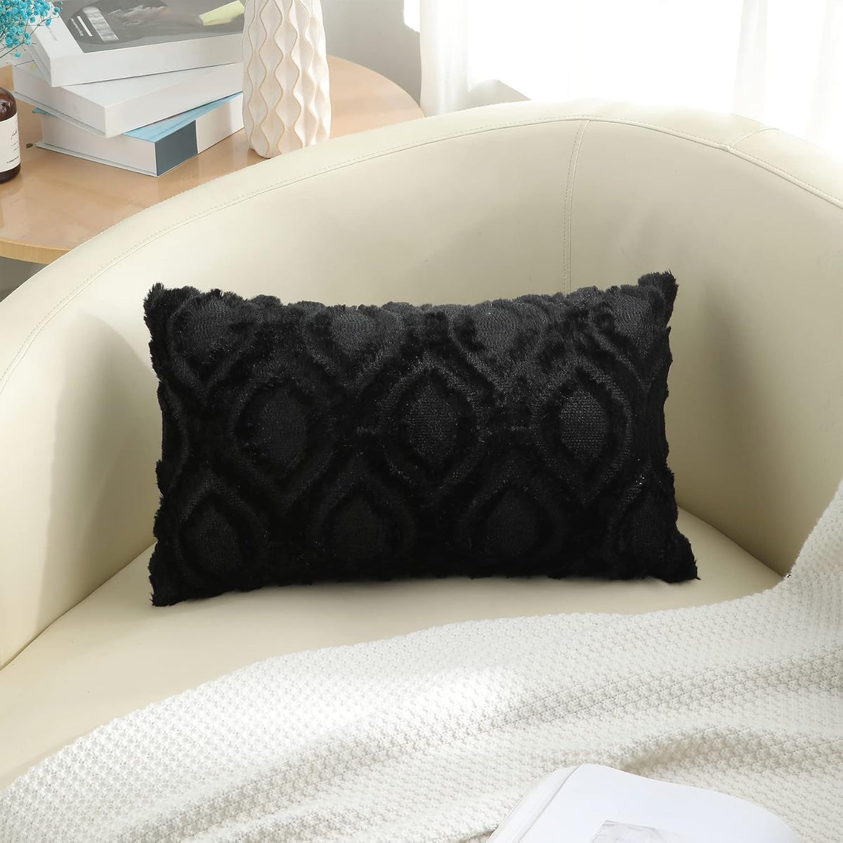 decorUhome Faux Fur Plush Soft Black Throw Pillow Covers 12x20 Set of 2
