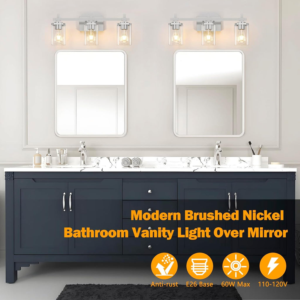 Brushed Nickel Bathroom Light Fixtures, 3-Lights Bathroom Vanity Light with Glass Shades, Modern Vanity Lights for Mirror, Wall Lights for Living Room, Hallway, Cabinet, E26 Base
