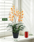 Artificial Dendrobium Orchid with Black Pot, Orange-Red Fake Orchid, Fake Plants for Dining Room, Farmhouse & Fall Harvest Decor, Set of 1