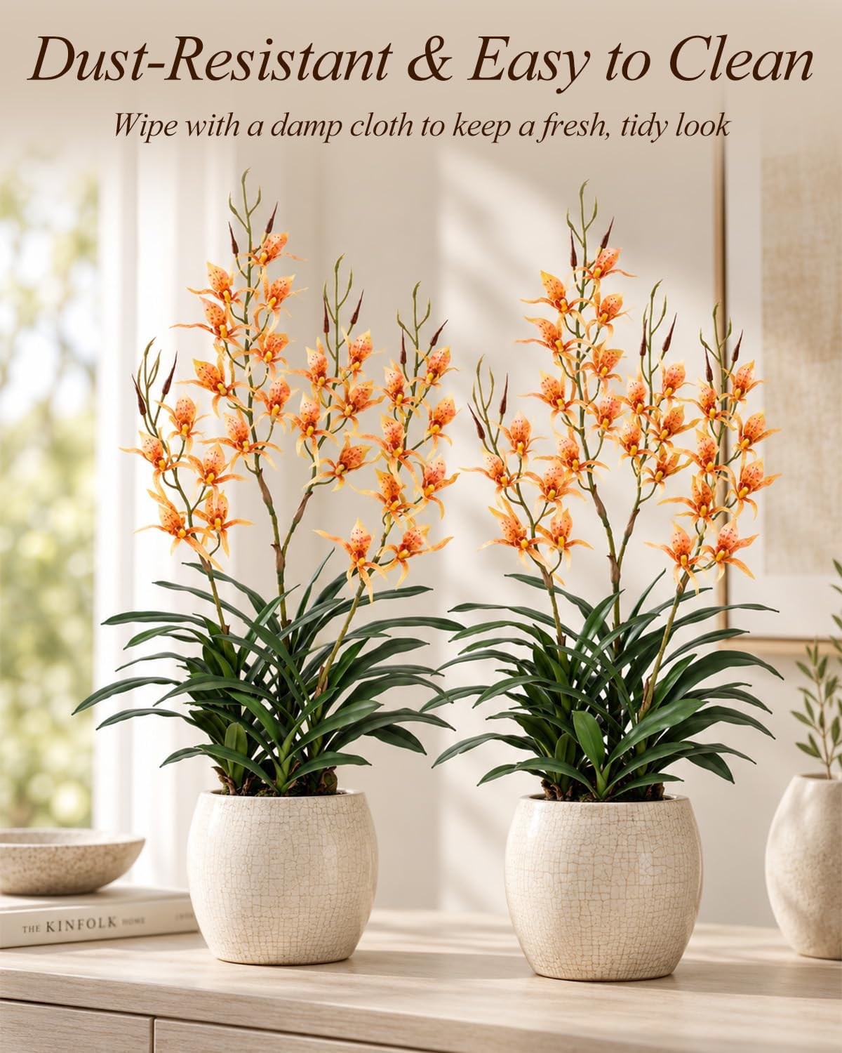 Artificial Dendrobium Orchid with Black Pot, Orange-Red Fake Orchid, Fake Plants for Dining Room, Farmhouse & Fall Harvest Decor, Set of 1