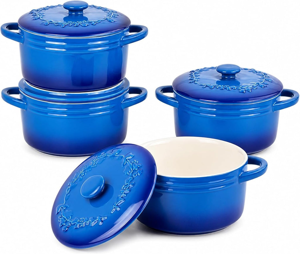 Mini Cocotte 16oz Ceramic Casserole Dishes with Handles & Lid,Set of 4 Oven Microwave Dishwasher Safe Ramekins