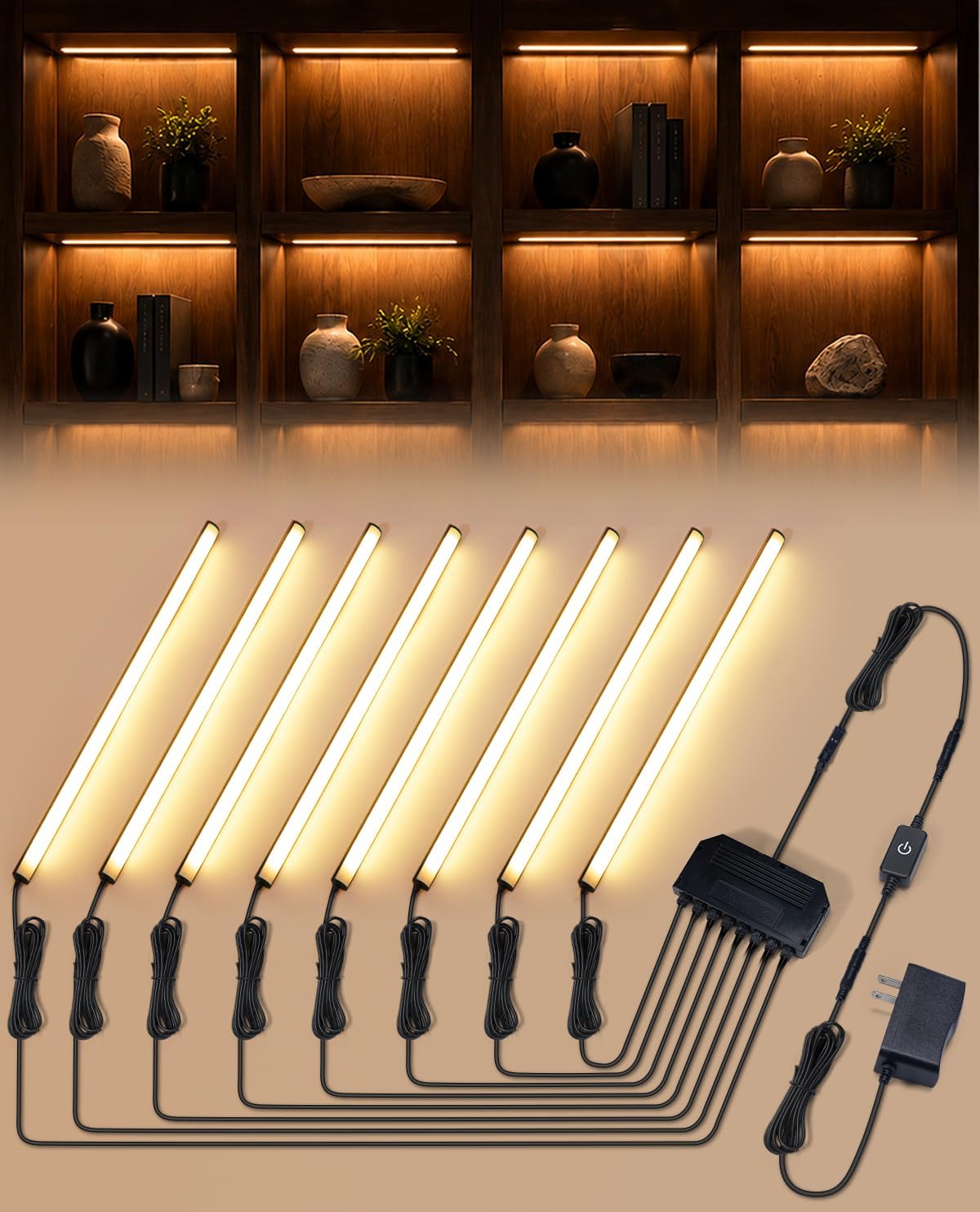 JUSJUBR Display Cabinet Lights, 8-Pack 12-Inch Dimmable Slim LED Light Bars