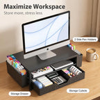 ECOLOVI Desk Organizer and Accessories, 2-Tier Computer Monitor Stand Rise with Storage Drawer & 2 Pen Holders, Laptop & Printer Stand for Desktop, Workspace Organizers for Office Supplies (Black)