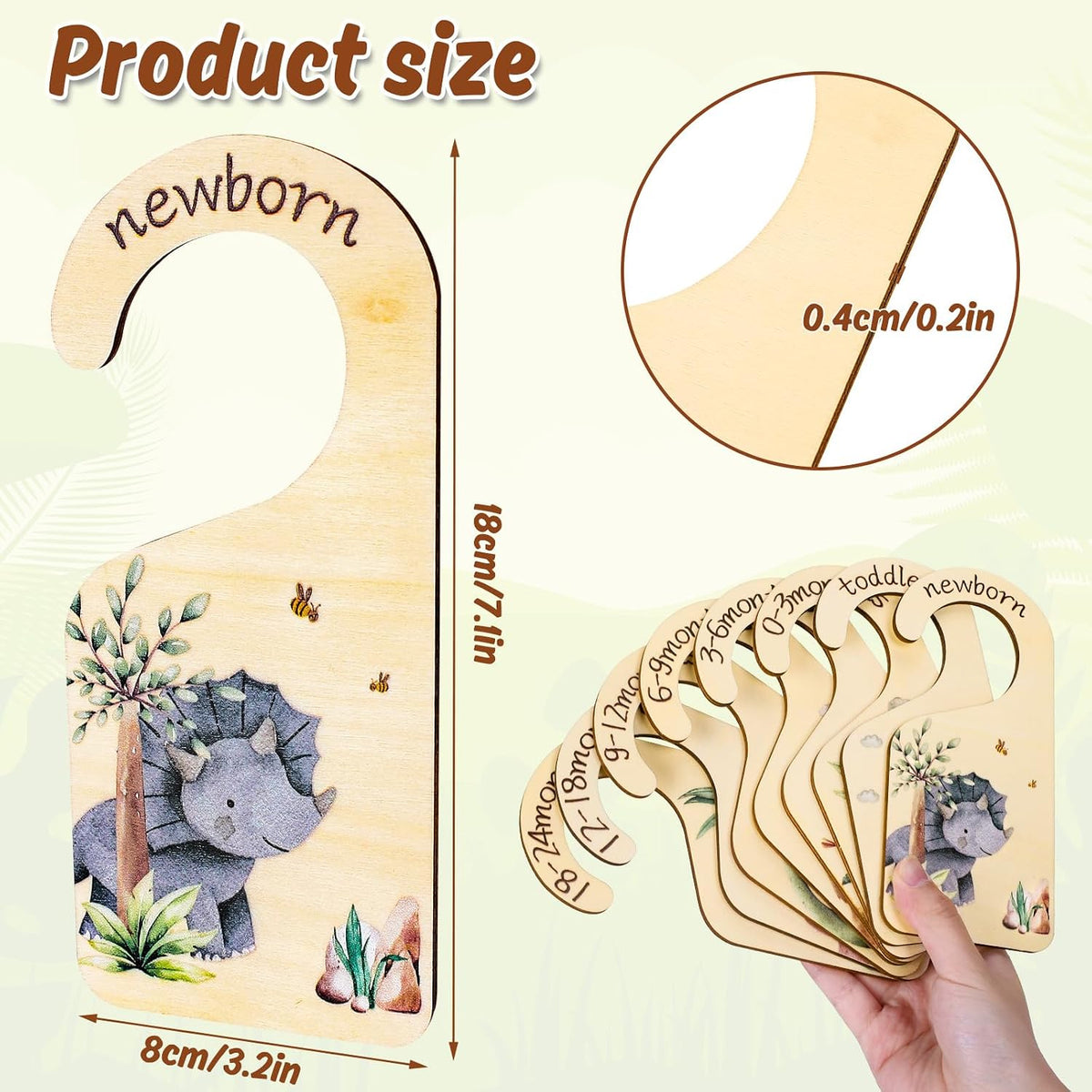Whaline 8Pcs Baby Closet Size Dividers Dinosaur Hanging Wooden Baby Closet Organizer Newborn to 24 Months Thicken Infant Wardrobe Organizer for Home Nursery Bedroom Decor