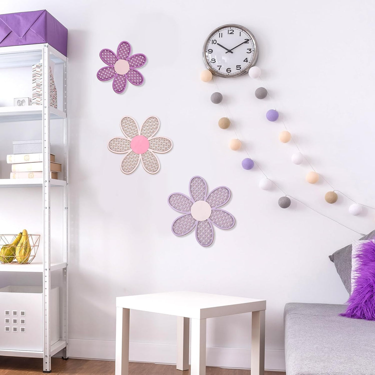Maitys 3 Pcs Boho Daisy Flower Wall Decor Nursery Art, Pink, Purple