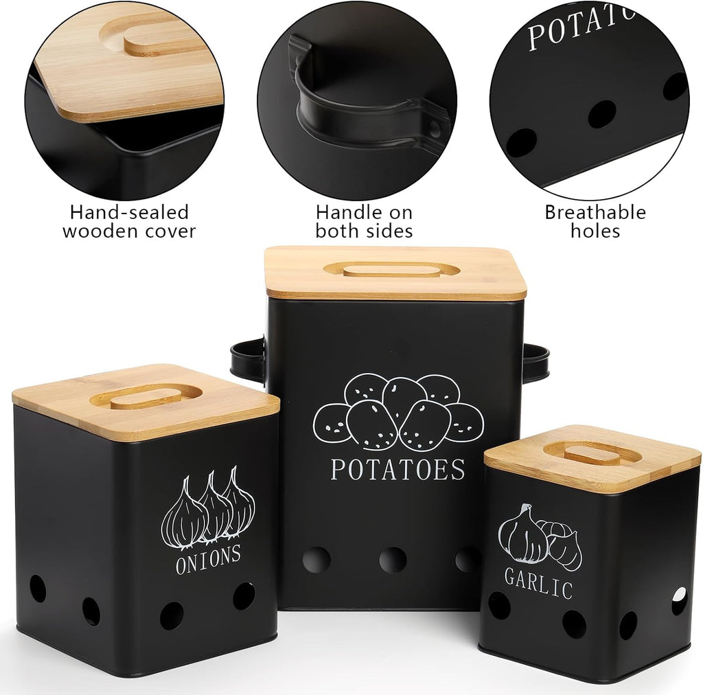 WUWEOT 3 Pack Vegetable Storage Tins, Potato Onion Garlic Storage Canister, Black Metal Vegetable Fresh Keeper Caddy, Kitchen Pantry Organizer Jars with Bamboo Lid and Aerating Holes