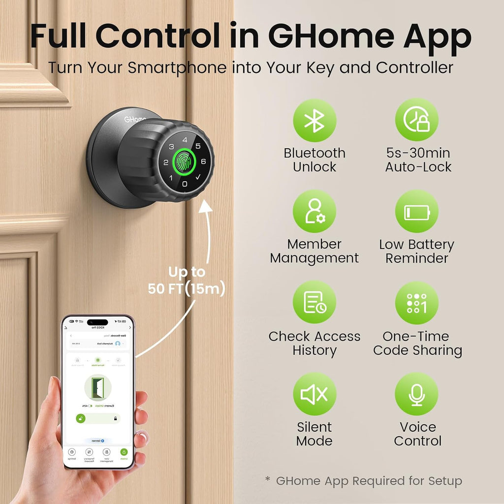 GHome Smart Fingerprint Door Lock, 4-IN-1 Smart Lock with Removable Battery