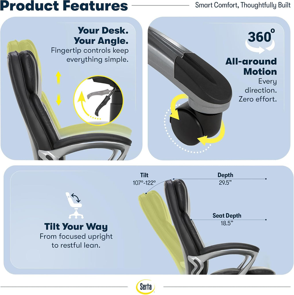Serta Ergonomic Big and Tall Executive Office Chair Lumbar Support, Leather