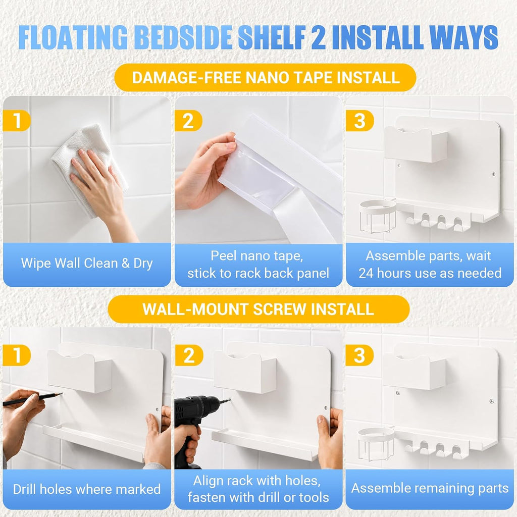 Metal Bedside Wall Shelf, No Drill Floating Bedside Shelf Wall Organizer