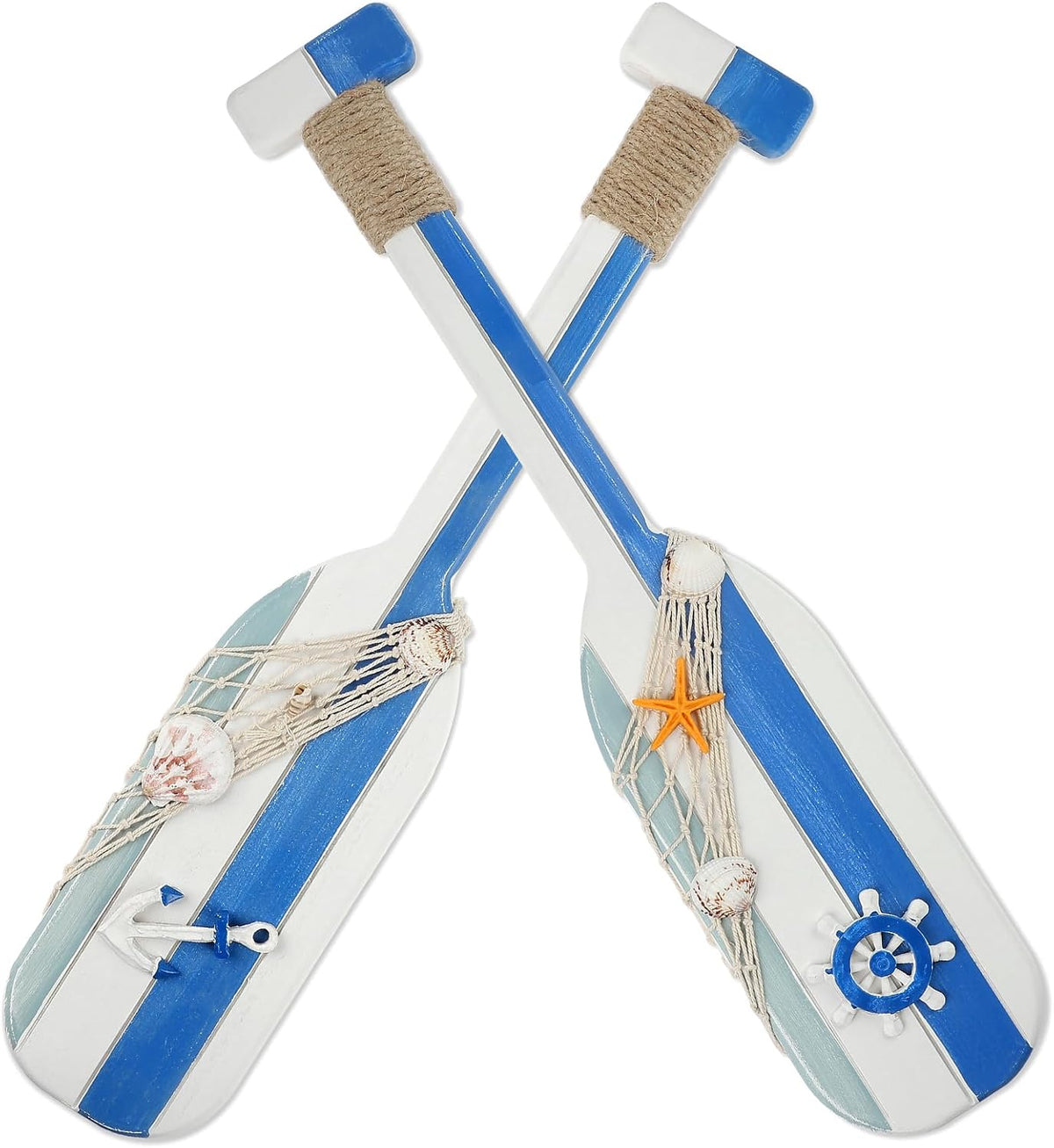 Meching 2 Pack 19.7 Inch Nautical Wooden Double Oar Decor with Rope Nautical Oar Paddles Wall Decor Door Hanging Ornament Beach Theme Home Decoration（Vintage blue）