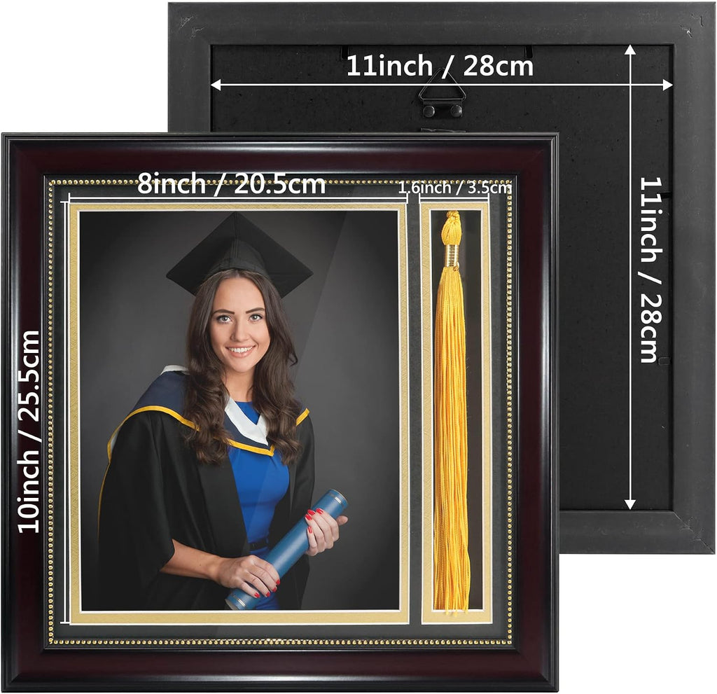 GraduationMall Graduation Photo Shadow Box Frame with Tassel Holder for 8x10 Pictures,Real Glass,Black Over Gold Double Mat,Wall & Tabletop Design