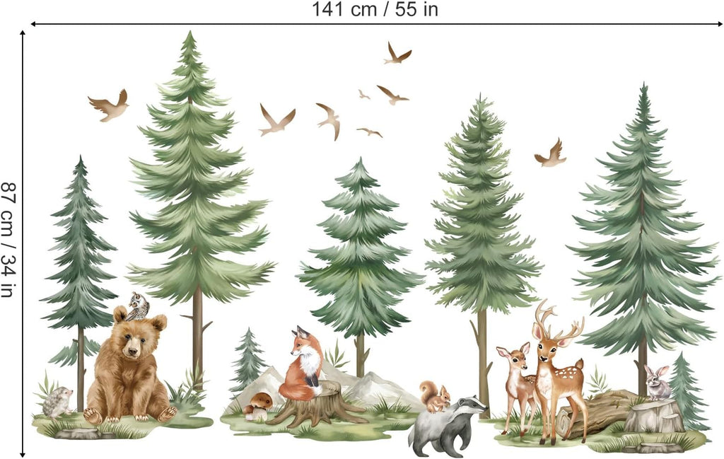 wondever Mountain Tree Wall Decals Forest Animals Bear Deer Wall Stickers