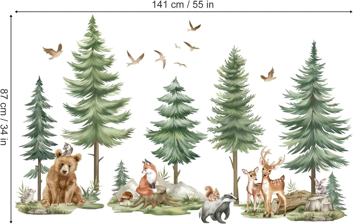 wondever Mountain Tree Wall Decals Forest Animals Bear Deer Wall Stickers