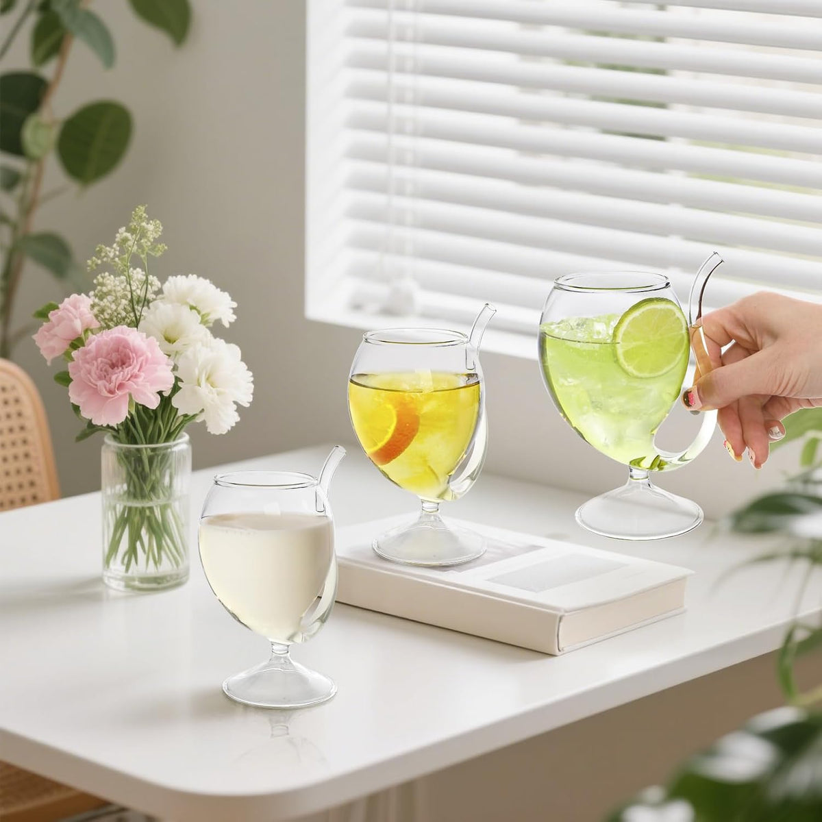 Tlence 4 Pack Straw Wine Glass, 12 OZ Sipping Wine Glasses with Built-in Straw, Creative Tube Cocktail Goblets, Clear Funny Decanter Cups for Juice Ice Cream Champagne Party Glassware Barware