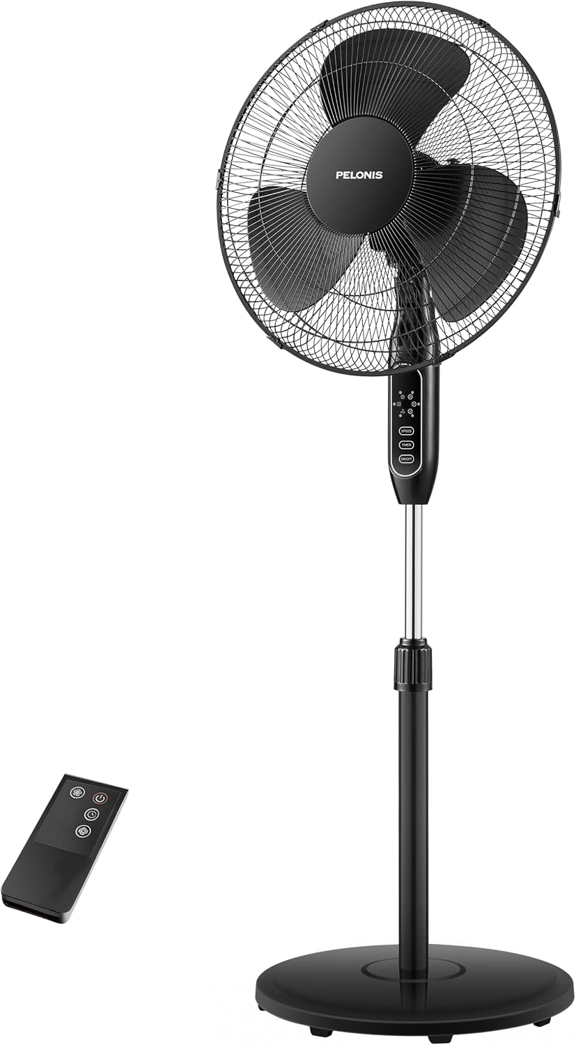 PELONIS 18" 5-Blade Adjustable Oscillating Pedestal Fan with Remote, Black
