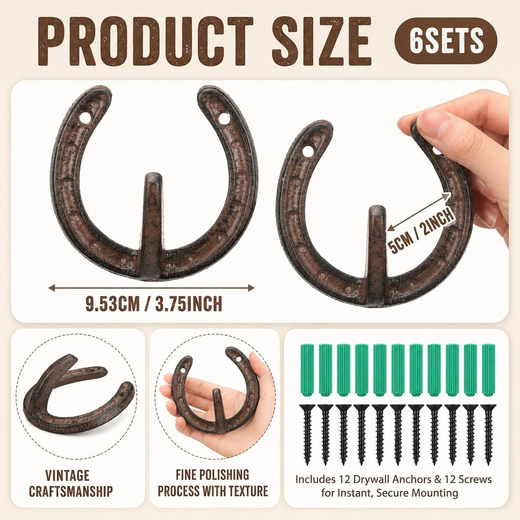 6 Pack Horseshoe Hooks for Wall Heavy Duty Cast Iron Wall Hangers