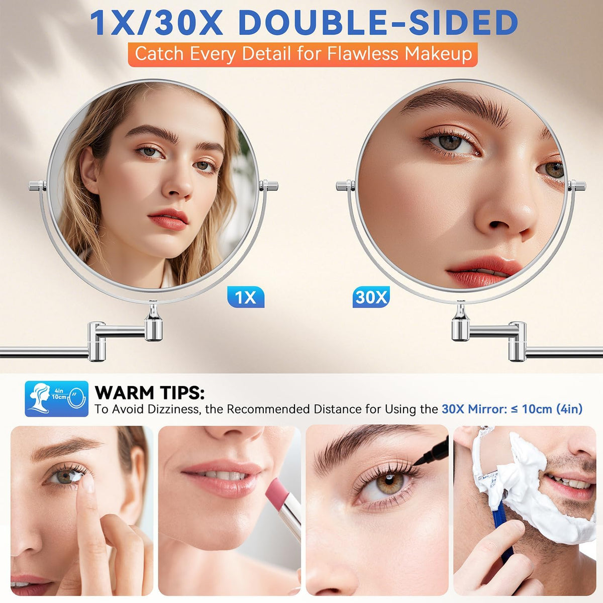 Auxmir 8" Double-Sided Wall-Mounted Makeup Mirror, 1X/30X Magnifying Mirror