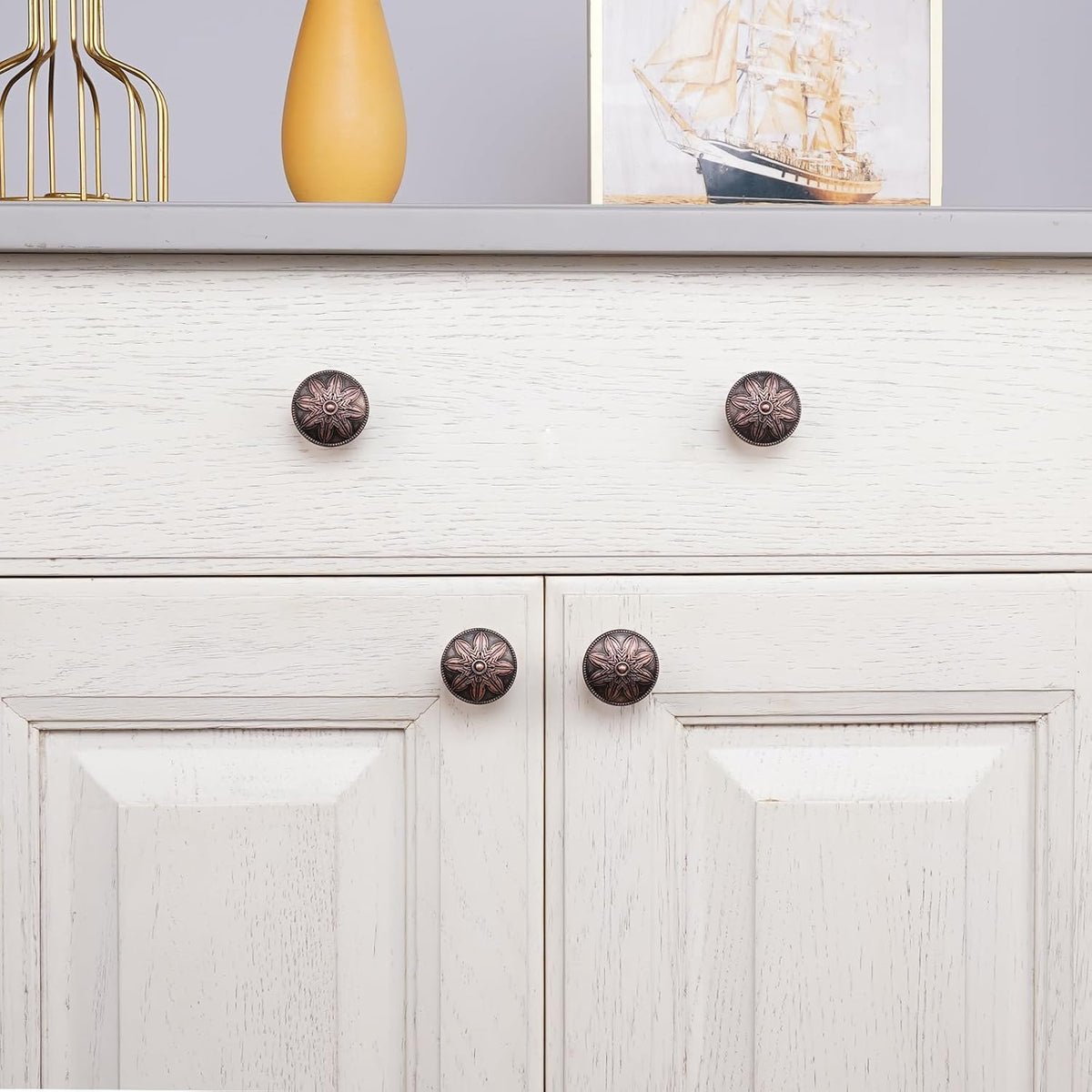 4 Pack Antique Copper Cabinet Knobs Vintage Drawer Knobs,1.4" Round Copper Kitchen Cabinet Knobs Handles for Cabinets and Drawers Vintage Dresser Knobs
