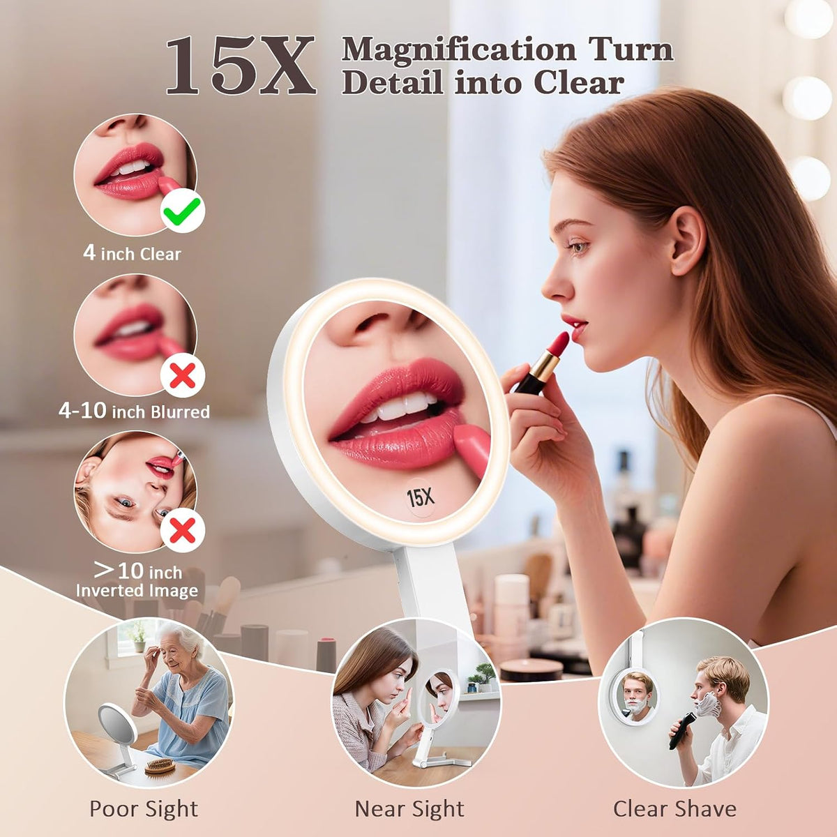 Travel Makeup Mirror with Lights, 15X/1X Double Sided Magnifying Mirror with 3 Color LED Lights, Rechargeable Portable Vanity Mirror for Girls & Women, College Dorm Room Essentials & Gifts
