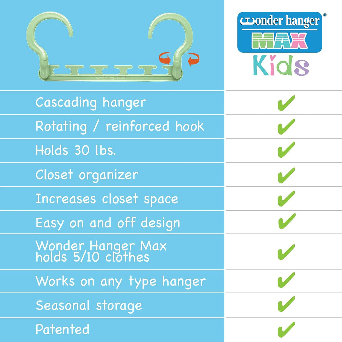 Max Space Saving Hangers, 10-Pack, 360° Hooks, Pastel Green