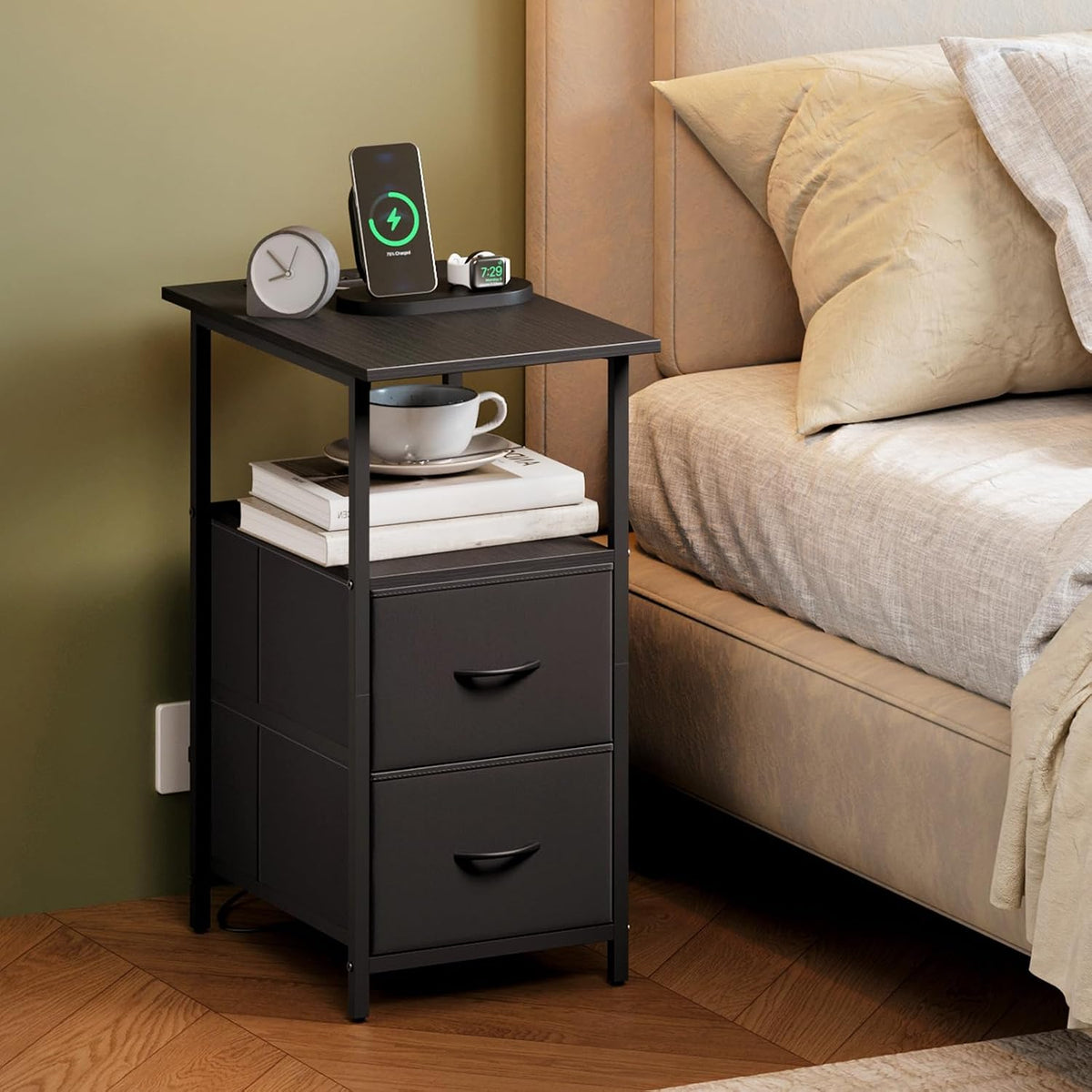 Somdot End Table Set of 2 with Charging Station, 2 Drawers, Slim Side Table
