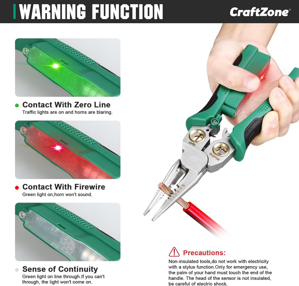 8‑in‑1 Wire Stripper Pliers, Non‑Contact Voltage Tester, Green‑Black
