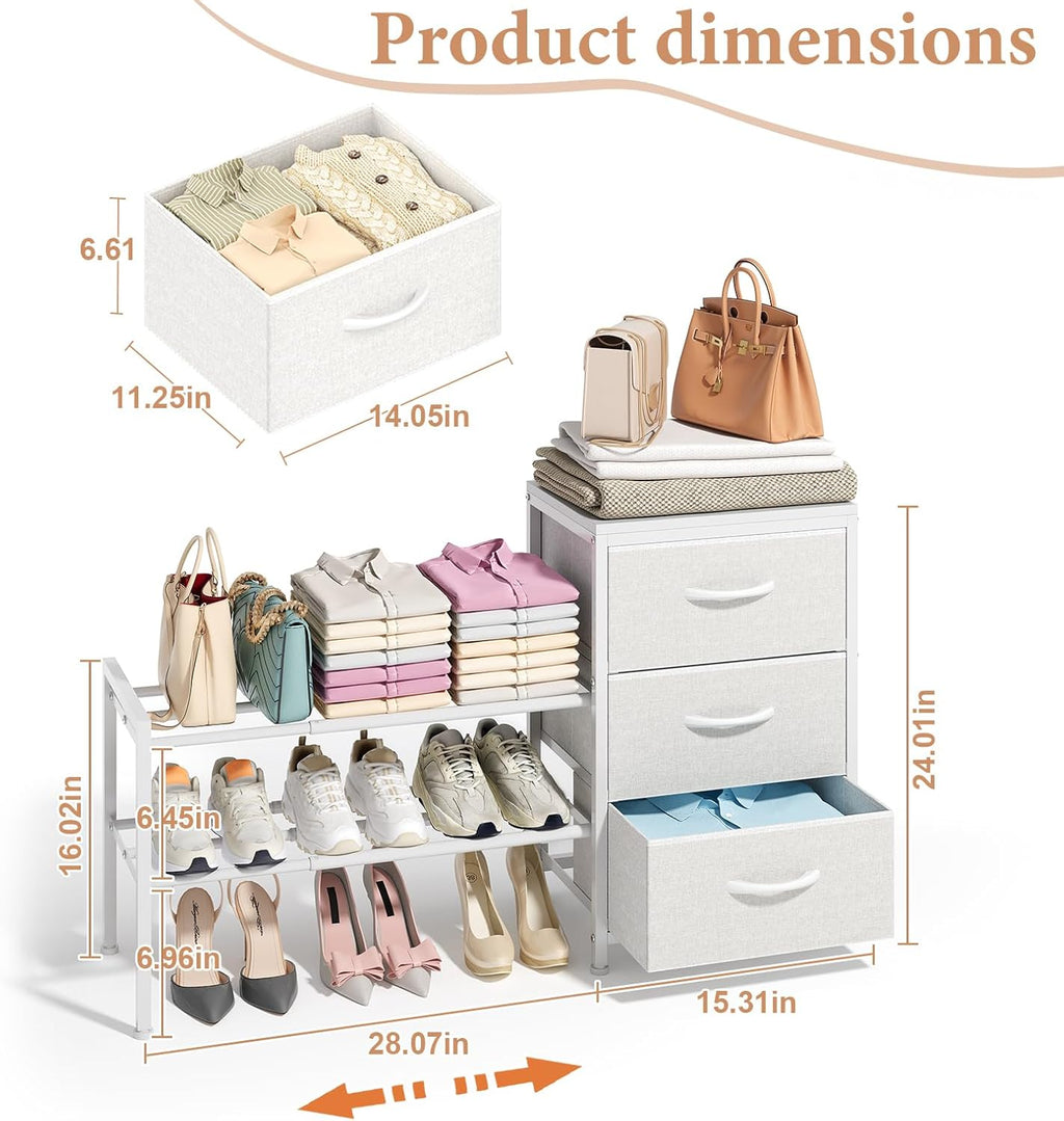 Cidaziya Expandable Closet Organizers and Storage, White Fabric Storage Dresser, 3 Drawer Dresser, Clothes Shelves for Kids, Purse Organizer Small Shoe Rack for Closet Bedroom Dorm(31.29~43.42 in)