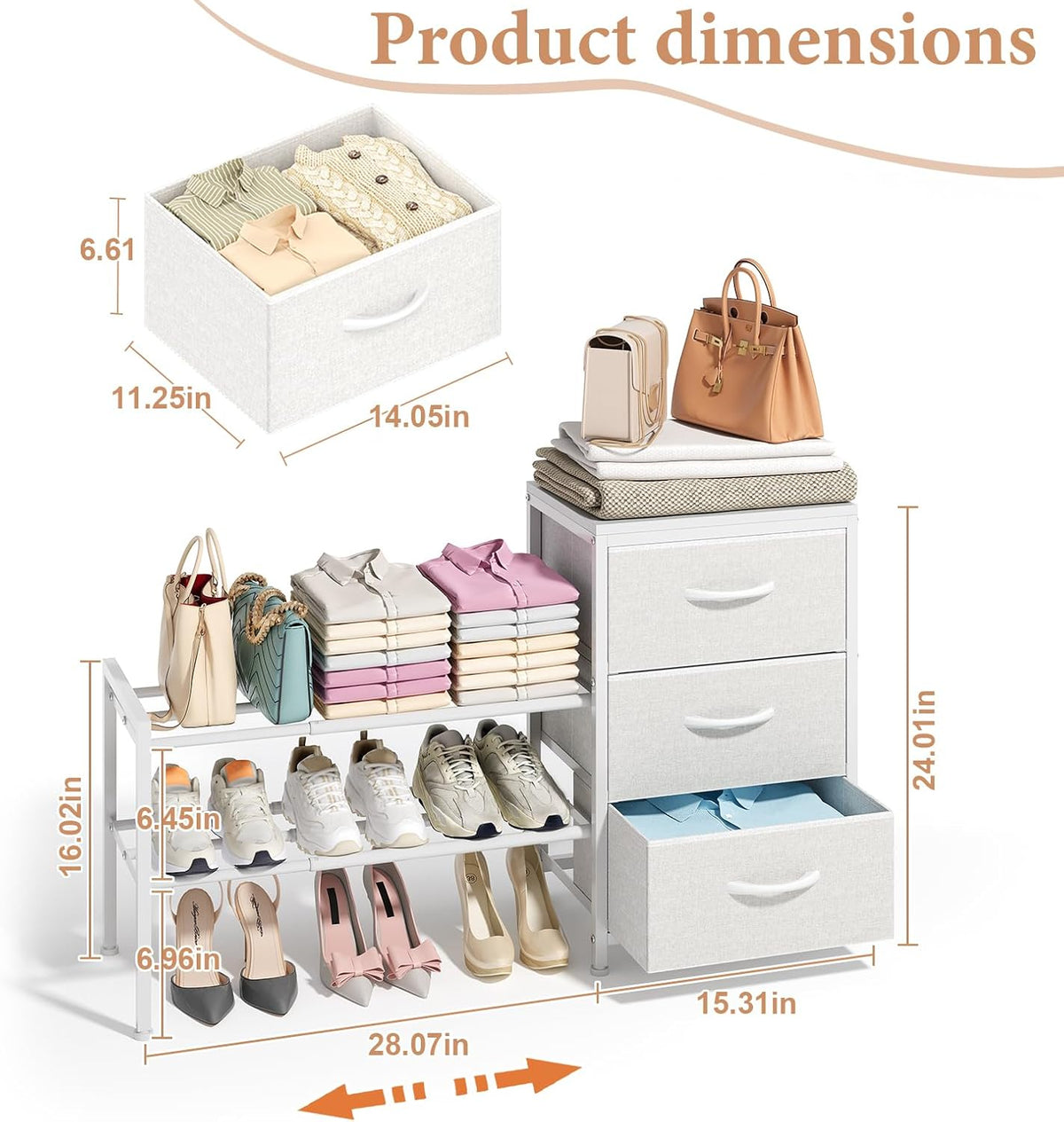 Cidaziya Expandable Closet Organizers and Storage, White Fabric Storage Dresser, 3 Drawer Dresser, Clothes Shelves for Kids, Purse Organizer Small Shoe Rack for Closet Bedroom Dorm(31.29~43.42 in)