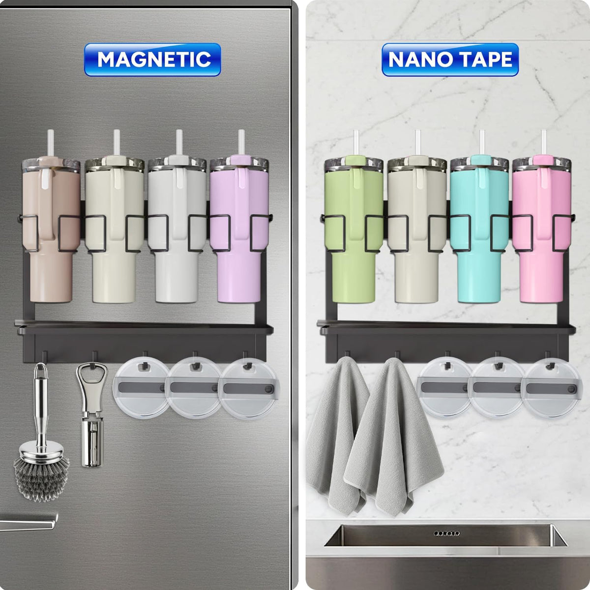 Water Bottle Organizer for Stanley Cup Accessories 20/30/40 oz, Fridge Magnetic and Wall Mount Tumbler Holder Organizer, Kitchen Water Bottle Storage Rack (Black)